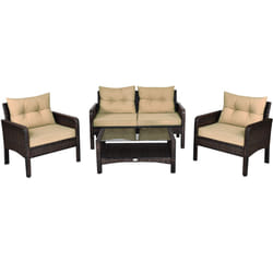 4 PCS Patio Rattan Table and Chair Set w/Cushions Outdoor Furniture
