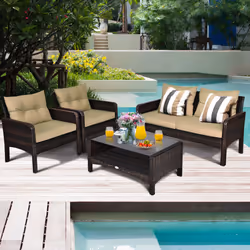 4 PCS Patio Rattan Table and Chair Set w/Cushions Outdoor Furniture