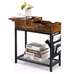 Narrow Side Table End Table Nightstand w/ Flip Top & Charging Station