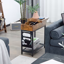 Narrow Side Table End Table Nightstand w/ Flip Top & Charging Station