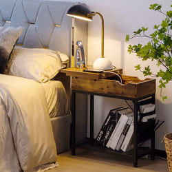 Narrow Side Table End Table Nightstand w/ Flip Top & Charging Station