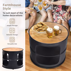 Round Coffee Table Sofa Table w/ 2-Tier Storage Shelves & Metal Frame