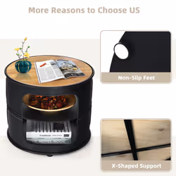 Round Coffee Table Sofa Table w/ 2-Tier Storage Shelves & Metal Frame