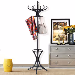 Floor Standing Coat Jacket Stand Solid Wood Hanger with Umbrella Rack