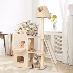 Tall Cat Tree Multi-Layer Wooden Cat Tower W/ Scratching Ball & Posts
