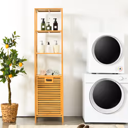Bathroom Tilt-out Laundry Hamper Bamboo Tower Hamper w/ 3-Tier Shelves