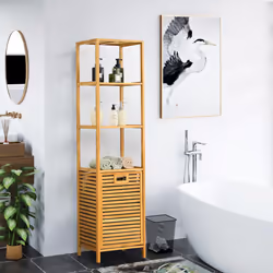 Bathroom Tilt-out Laundry Hamper Bamboo Tower Hamper w/ 3-Tier Shelves