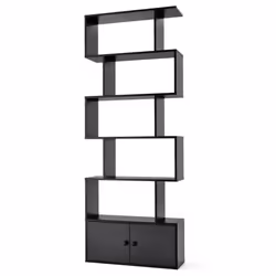 S-Shaped 5-tier Bookcase with Double Doors Cabinet & Open Display Rack