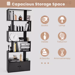 S-Shaped 5-tier Bookcase with Double Doors Cabinet & Open Display Rack