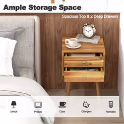 Bedside Table w/ 2 Storage Drawers Legs Solid Wood Night Stand Cabinet