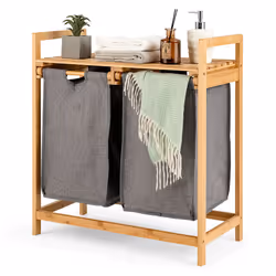 Bamboo Laundry Hamper 2-Section Laundry Sorter Basket w/ Sliding Bags