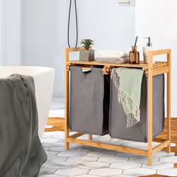 Bamboo Laundry Hamper 2-Section Laundry Sorter Basket w/ Sliding Bags