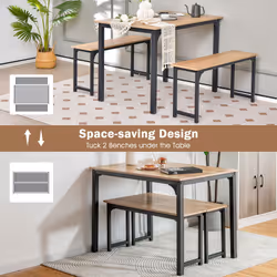 3-Piece Dining Table Set with 2 Benches Space-Saving Dining Furniture