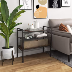 3-Tier Industrial Entryway Table Sofa Side Table W/ Removable Panel & Mesh Shelf