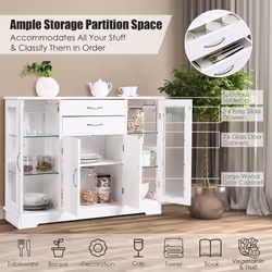 3-Tier Buffet Cabinet Sideboard w/Glass Doors &2 Drawer Elegant Design