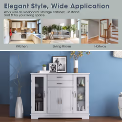 3-Tier Buffet Cabinet Sideboard w/Glass Doors &2 Drawer Elegant Design