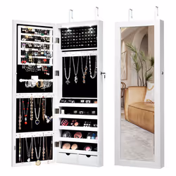 Mirrored Jewelry Cabinet w/Full Length Mirror Lights Wall/Door Mounted