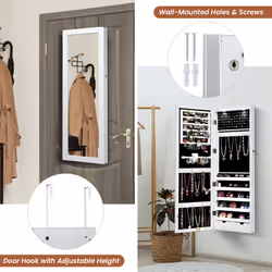 Mirrored Jewelry Cabinet w/Full Length Mirror Lights Wall/Door Mounted