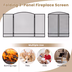 3-Panel Folding Fireplace Screen Wrought Iron Mesh Fire Spark Guard