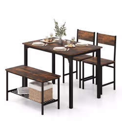 Dining Table & Chair Set 4-Pieces With 2 Chairs 1 Bench & Storage Rack
