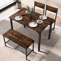 Dining Table & Chair Set 4-Pieces With 2 Chairs 1 Bench & Storage Rack