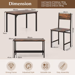 Dining Table & Chair Set 4-Pieces With 2 Chairs 1 Bench & Storage Rack