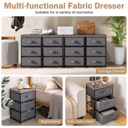 3-Tier Dresser Fabric Nightstand with 3 Drawers Metal Framed Organizer