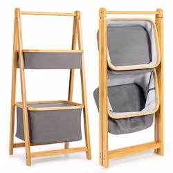 Laundry Hamper Shelf Folding 2-tier Laundry Toy Organizer Rack Bamboo