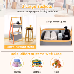 Laundry Hamper Shelf Folding 2-tier Laundry Toy Organizer Rack Bamboo