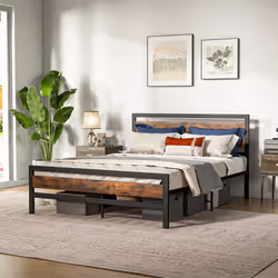 King Bed Frame Industrial Metal Platform Bed w/ Headboard & Footboard