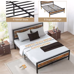 King Bed Frame Industrial Metal Platform Bed w/ Headboard & Footboard