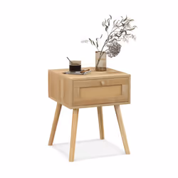 Nightstand Bedside Sofa Table with Rattan Drawer Bedroom & Living Room