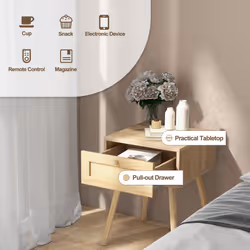 Nightstand Bedside Sofa Table with Rattan Drawer Bedroom & Living Room