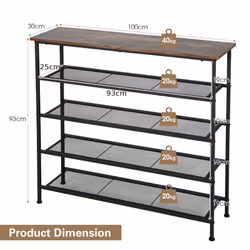 5-Tier Shoe Rack Industrial Shoe Organizer Flat Mesh Shelves Freestand