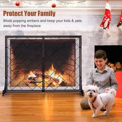 Double-Door Fireplace Screen 2-Panel  Metal Spark Guard Gate Cover