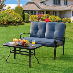 2PCS Outdoor Conversation Set Patio Loveseat Bench & Table w/ Cushion
