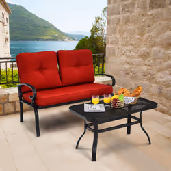 2PCS Outdoor Conversation Set Patio Loveseat Bench & Table w/ Cushion