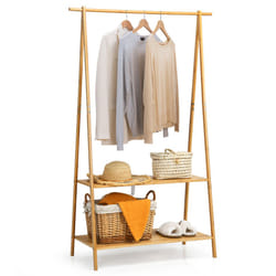 Bamboo Garment Rack Freestanding Clothes Rail Stand 2 Shelves Anti-tip