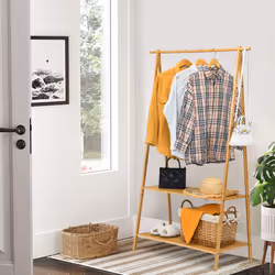 Bamboo Garment Rack Freestanding Clothes Rail Stand 2 Shelves Anti-tip
