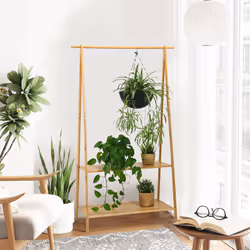 Bamboo Garment Rack Freestanding Clothes Rail Stand 2 Shelves Anti-tip