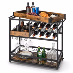 3-Tier Kitchen Serving Cart Rolling Bar Serving Trolley W/ Wine Rack