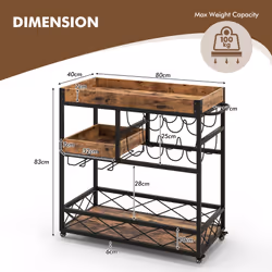 3-Tier Kitchen Serving Cart Rolling Bar Serving Trolley W/ Wine Rack