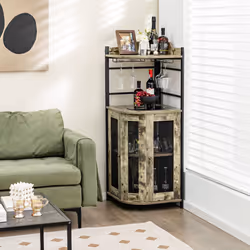 Corner Bar Cabinet Wine Buffet Cabinet with Glass Holder & Mesh Doors
