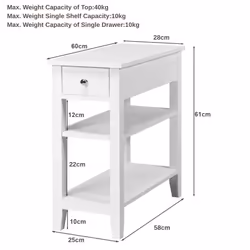 3-Tier White End Table with Drawer Side Table Narrow Tiered Nightstand