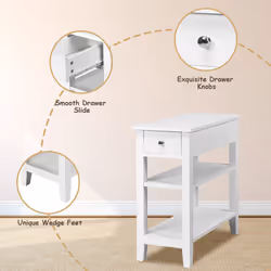 3-Tier White End Table with Drawer Side Table Narrow Tiered Nightstand