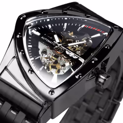 WINNER Triangle Skeleton Gold Black Watch for Men Automatic Mechanical Wristwatch Irregular Luxury Stainless Steel Strap - bl ...