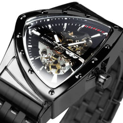 WINNER Triangle Skeleton Gold Black Watch for Men Automatic Mechanical Wristwatch Irregular Luxury Stainless Steel Strap - black