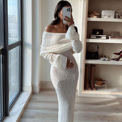 Knit Hollow Out Cover Ups Maxi Dress Female Off-Shoulder Loose Long Sleeve Dresses Holiday Casual Beach Party Dress For Women Slim Knitwear - white, M