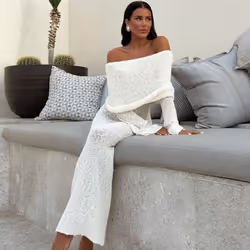 Knit Hollow Out Cover Ups Maxi Dress Female Off-Shoulder Loose Long Sleeve Dresses Holiday Casual Beach Party Dress For Women Slim Knitwear - white, M