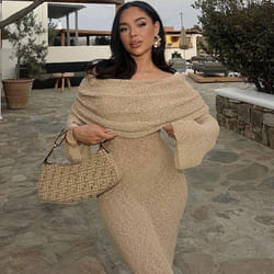Knit Hollow Out Cover Ups Maxi Dress Female Off-Shoulder Loose Long Sleeve Dresses Holiday Casual Beach Party Dress For Women Slim Knitwe - apricot, M